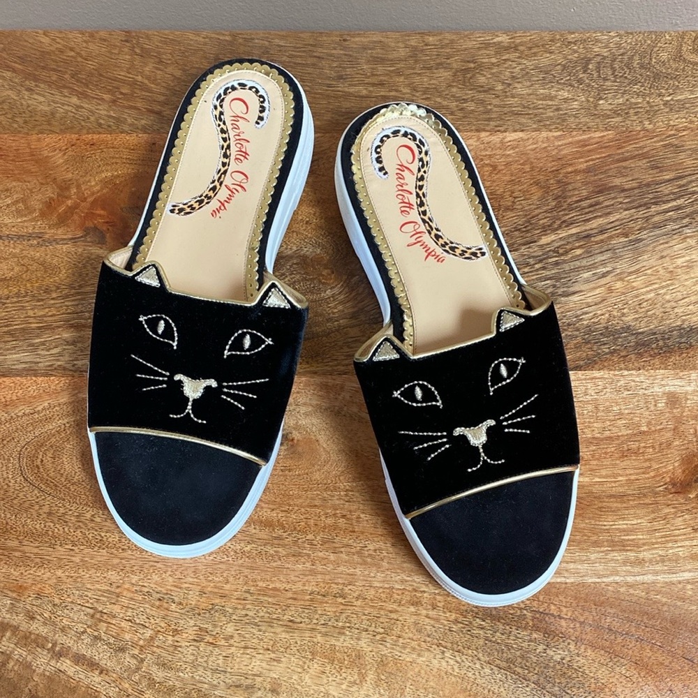 Charlotte Olympia Ole Black Velvet Kitty Pool Slides Platform Sandals